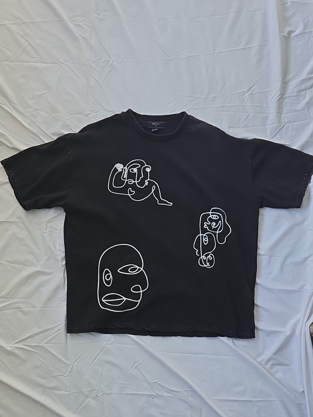Men's F21 Black Tshirt, With White Embroidered Figurative Art Back/Front Size L.
